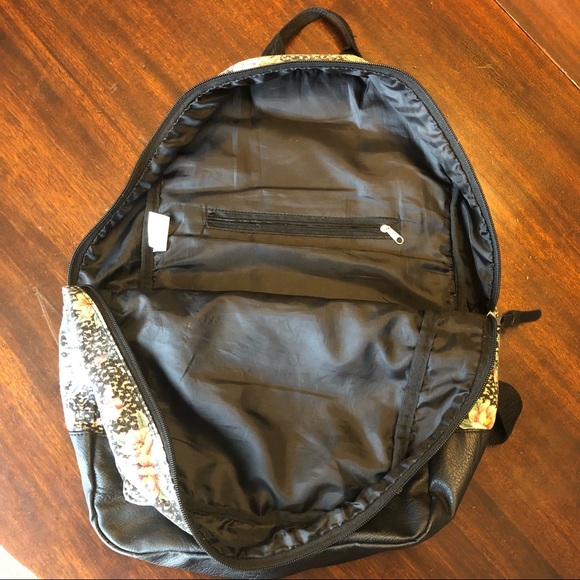 Black Floral Backpack with Pink Flowers and Pink Tassel - Picture 4 of 6